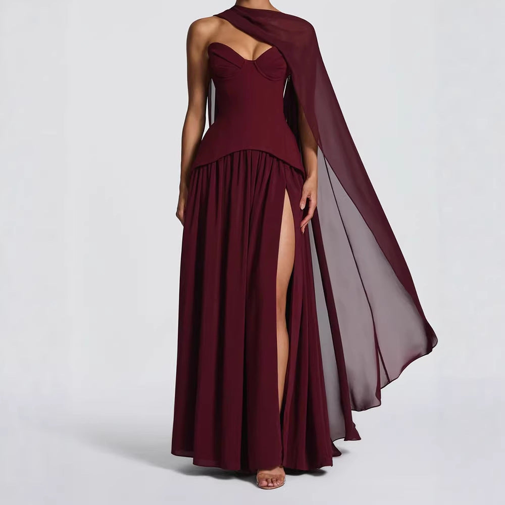 Damen Elegantes Maxikleid mit Abnehmbarem Cape R&B