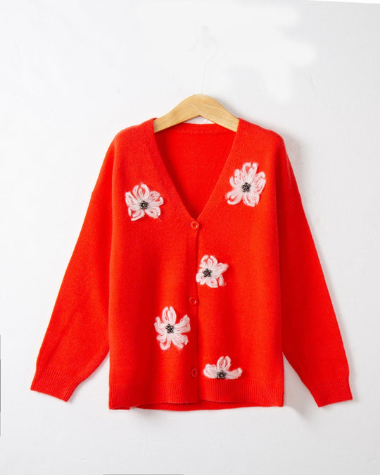 Damen Strickjacke mit floralem Motiv und eleganter Knopfleiste R&B