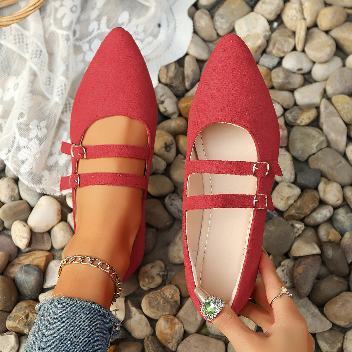 Damen spitze Ballerinas mit doppeltem Riemendesign R&B
