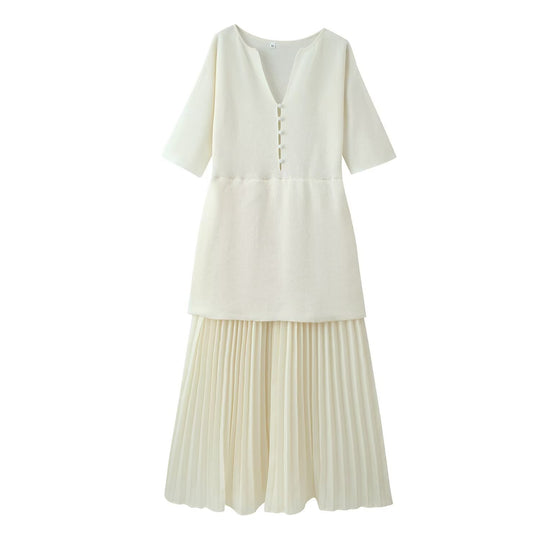 Damen plissiertes Midi-Kleid mit eleganter Knopfleiste und V-Ausschnitt R&B