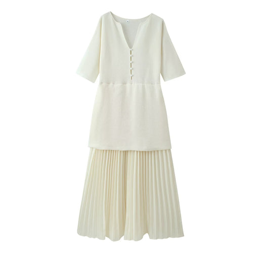 Damen plissiertes Midi-Kleid mit eleganter Knopfleiste und V-Ausschnitt R&B