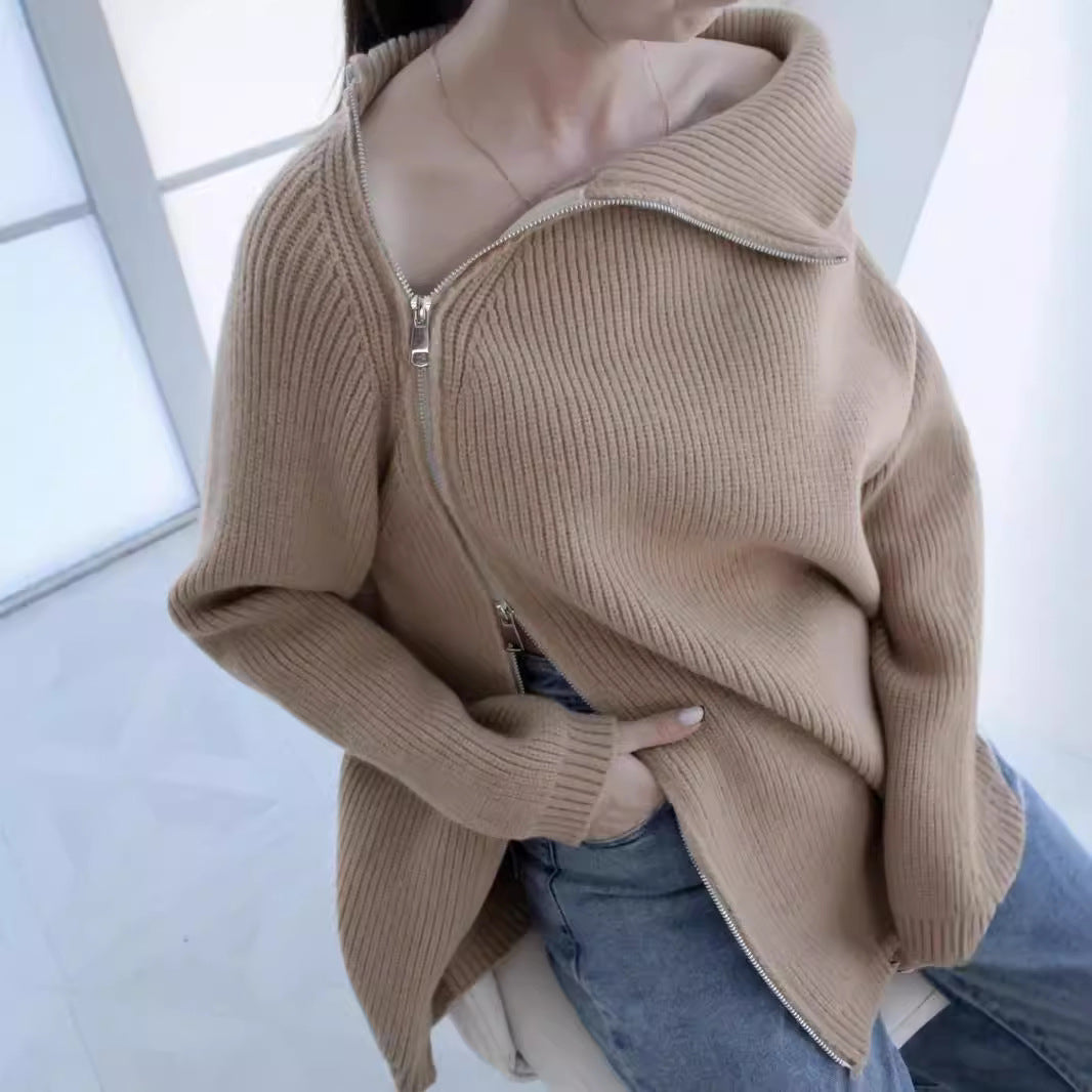 Damen lässiger Strickpullover mit asymmetrischem Reißverschluss und großem Kragen R&B