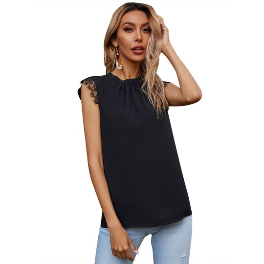 Damen ärmelloses Blusenshirt mit Spitzenverzierungen und dekorativem Kragen R&B