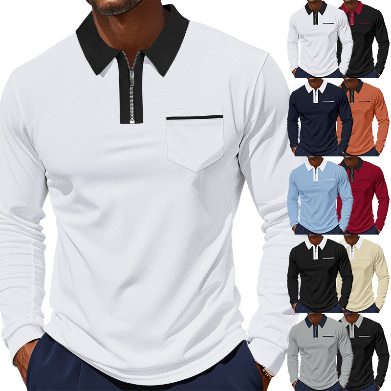 Herren nan langärmeliges Polo mit halbem Reißverschluss, aufgesetzter Brusttasche und feiner Strukturjersey-Qualität R&B