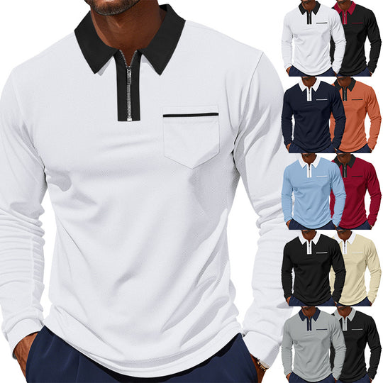 Herren nan langärmeliges Polo mit halbem Reißverschluss, aufgesetzter Brusttasche und feiner Strukturjersey-Qualität R&B