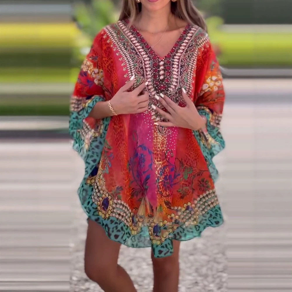 Damen nan kurzes Tunika-Kaftan mit verziertem V-Ausschnitt und floral-animalischer Bordüre R&B