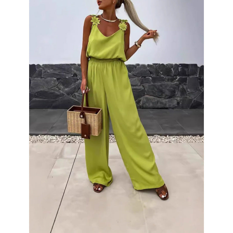 Damen Jumpsuit mit floralen Rüschen und weitem Bein R&B