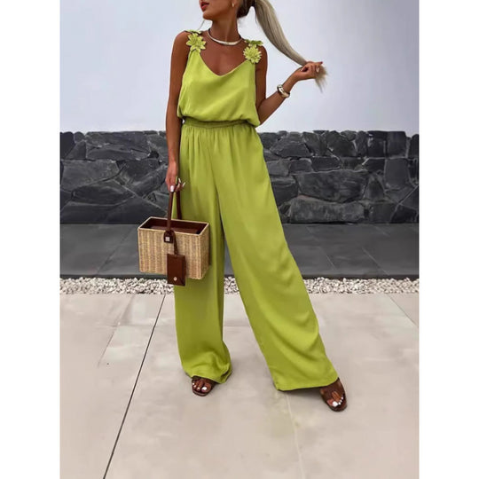 Damen Jumpsuit mit floralen Rüschen und weitem Bein R&B