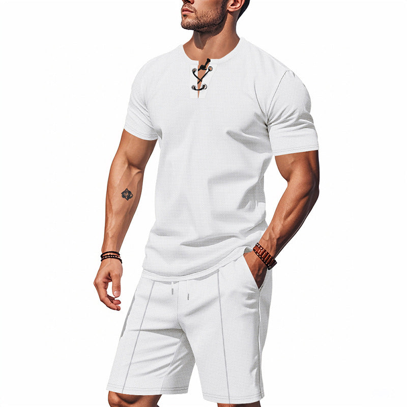 Herren nan kurzärmeliges Schnürkragen-Shirt im Waffeljersey mit Bundfalten-Bermuda R&B