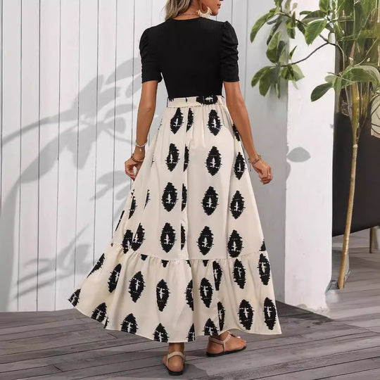Damen Maxi-Kleid mit Puffärmeln und modischem Muster R&B