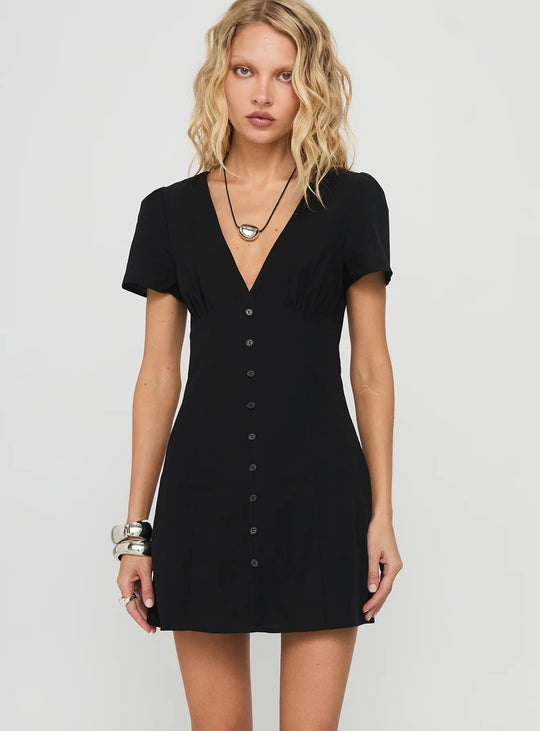 Damen Kurzärmeliges Kleid mit V-Ausschnitt und Knopfleiste R&B