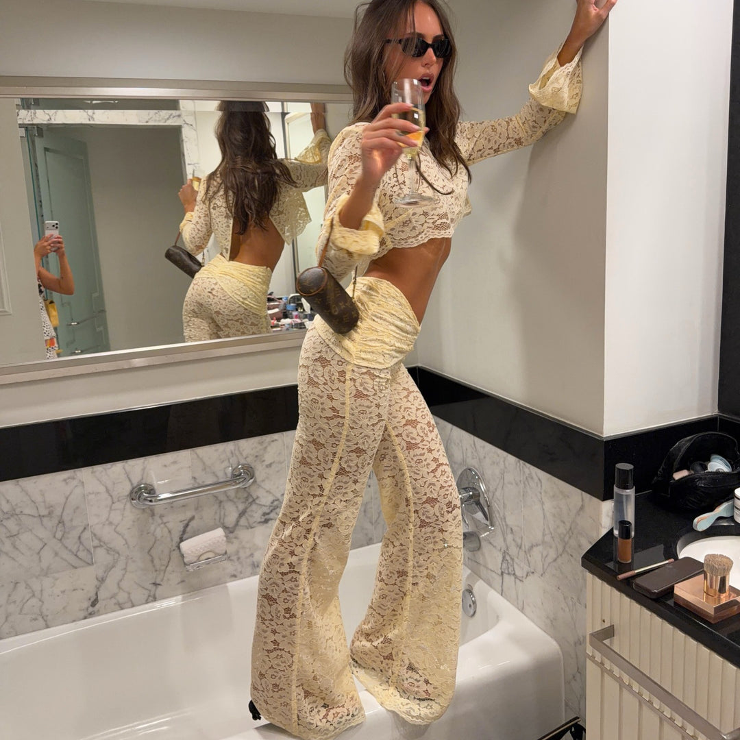 Damen Zweiteiliges Spitzen-Outfit mit weitem Ärmel und figurschmeichelnder Passform R&B