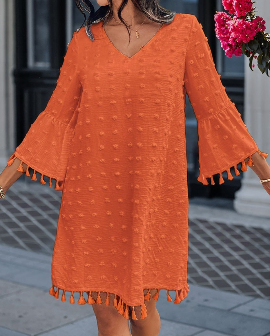 Damen Strandkleid mit elegantem V-Ausschnitt und dekorativen Fransen R&B