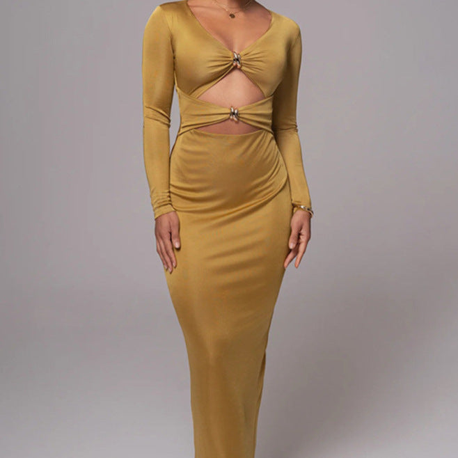Damen Elegantes Cut-Out Maxikleid mit tiefem V-Ausschnitt und betontem Taillenschnitt R&B