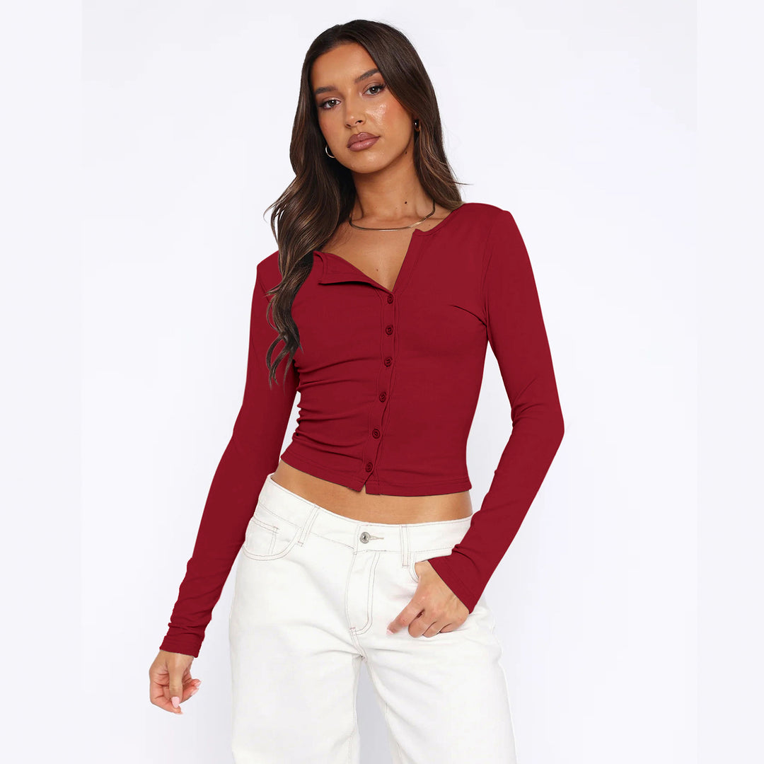Damen figurbetontes Langarmshirt mit Knopfleiste R&B