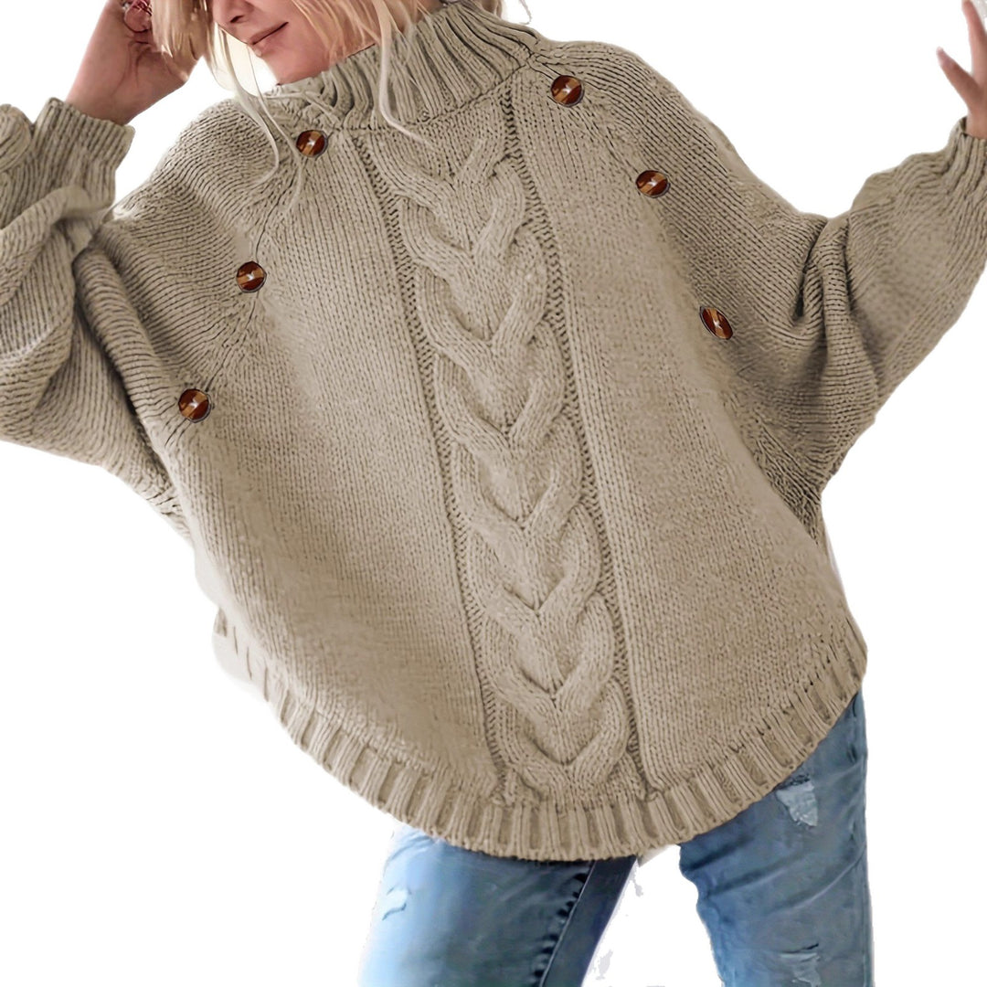 Damen Oversized Strickpullover mit Hochkragen und dekorativen Knopfdetails R&B