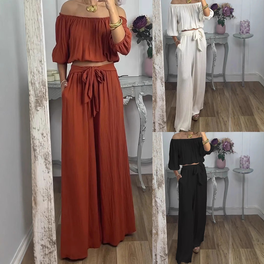 Damen Off-Shoulder Set mit weitem Hosen und taillierbarem Oberteil R&B