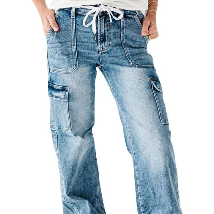 Damen Cargo-Jeans mit weitem Bein und verstellbarem Bund R&B