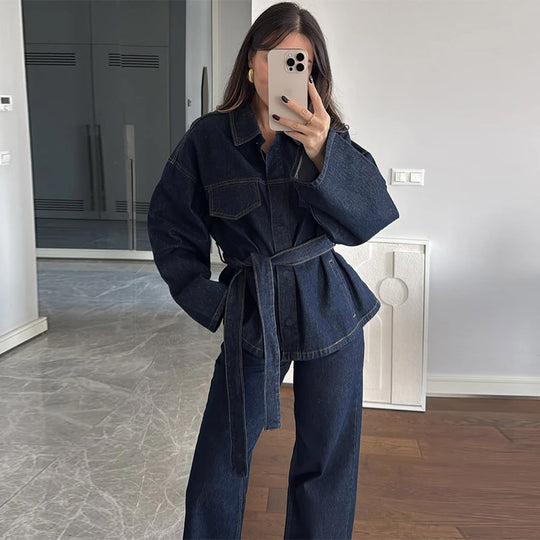 Damen lässige Denim-Jacke mit Gürtel und weitem Schnitt R&B