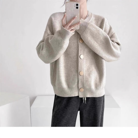 Damen Oversized Strickjacke mit großen Holzknöpfen und weitem Schnitt R&B