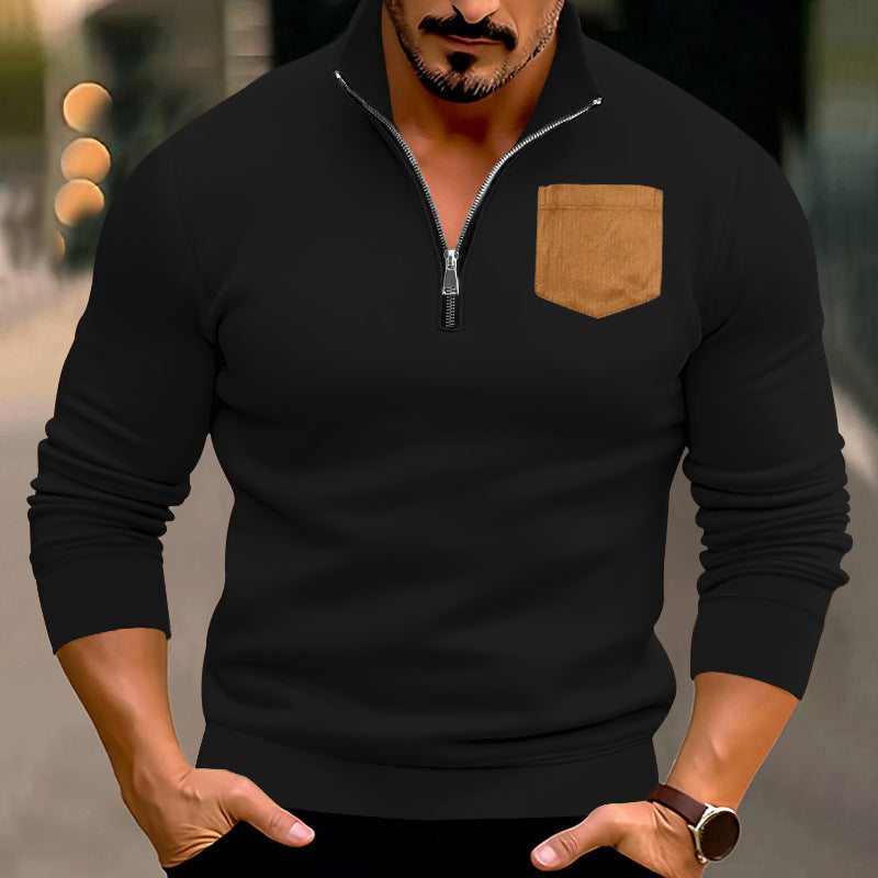 Herren modischer Pullover mit halbem Reißverschluss und kontrastierender Brusttasche R&B
