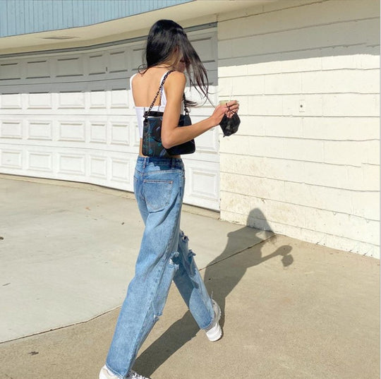 Damen lockere High-Waist Destroyed Jeans R&B