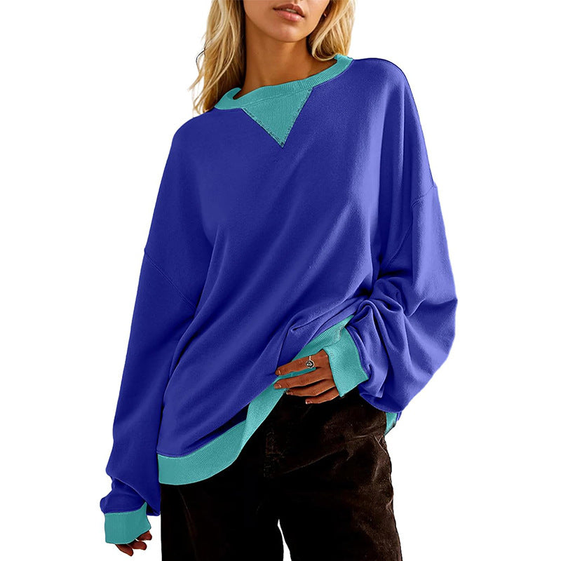 Damen lässiges Sweatshirt mit V-Ausschnitt und Kontrastbündchen R&B