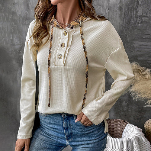 Damen Langarm Kapuzenpullover mit dekorativem Knopf- und Karodetail R&B