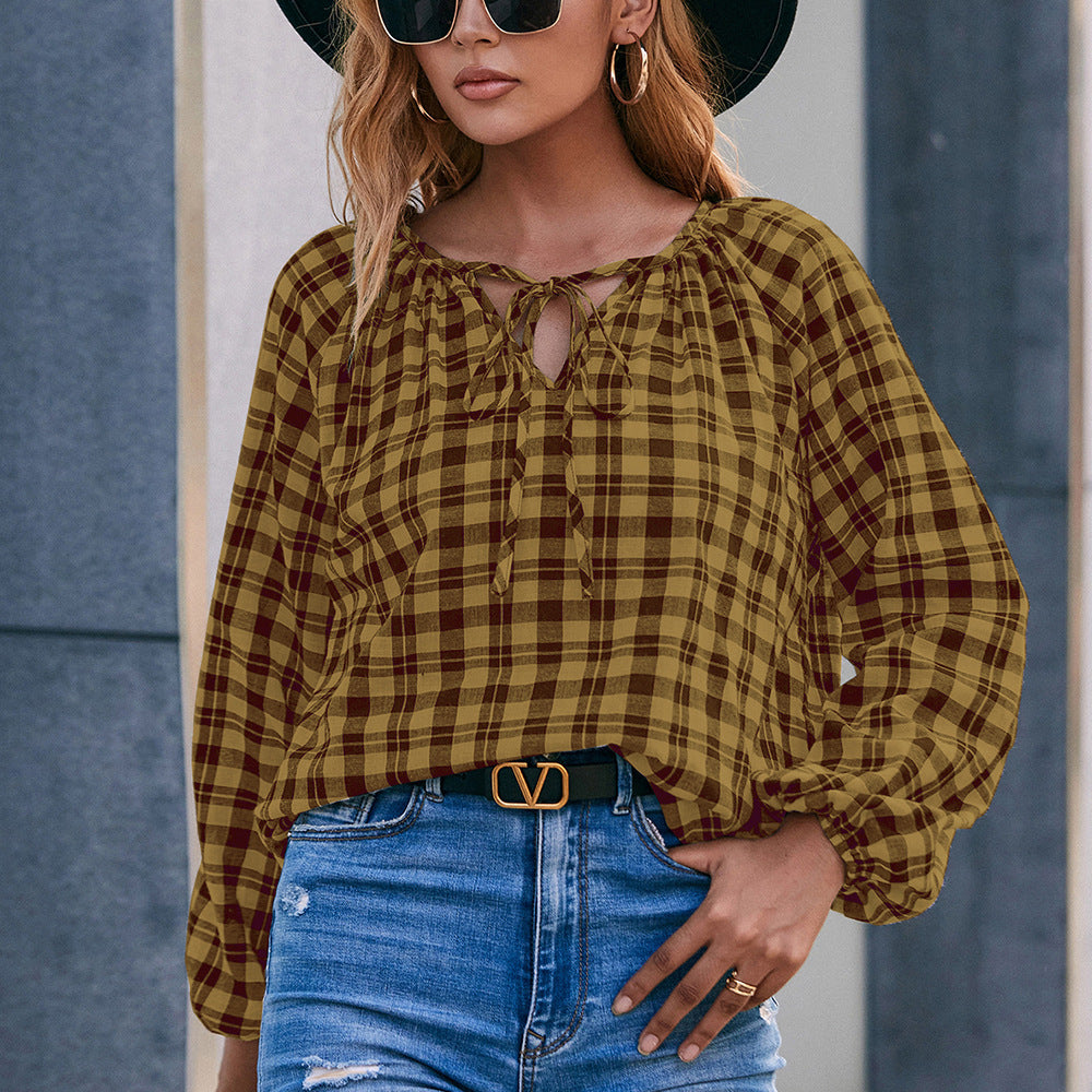 Damen Bluse mit Karo-Muster und Schleifendetail R&B