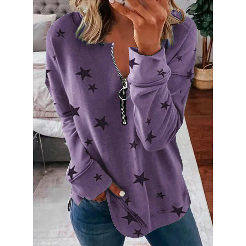 Damen Lässiger Sweatshirt mit Reißverschluss und Sternenmotiv R&B