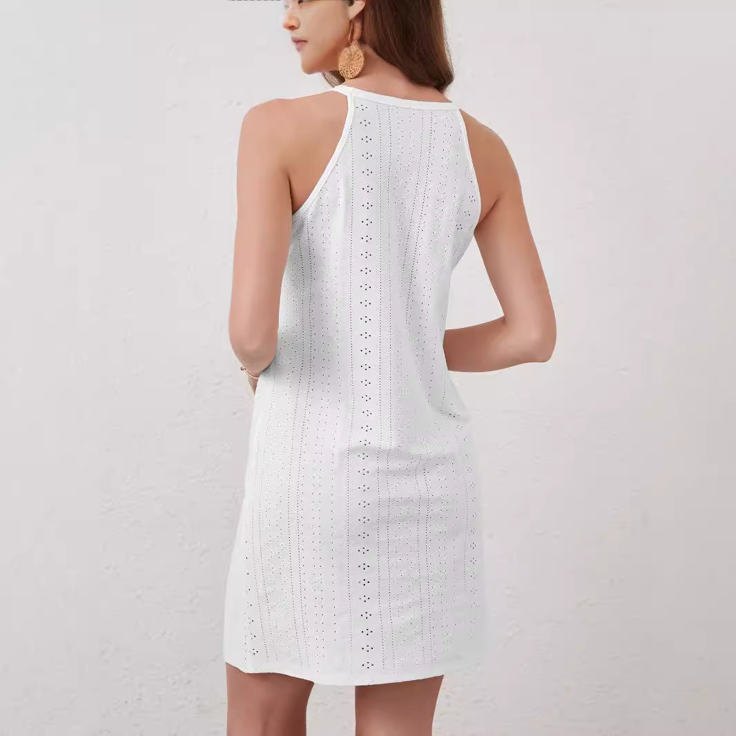 Damen nan ärmelloses Minikleid mit Neckholder, Lochstickerei und floraler Häkelapplikation R&B