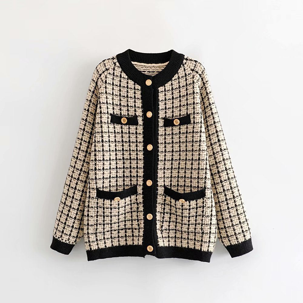 Damen Strickjacke mit Modischem Karomuster und Knopfdetails R&B