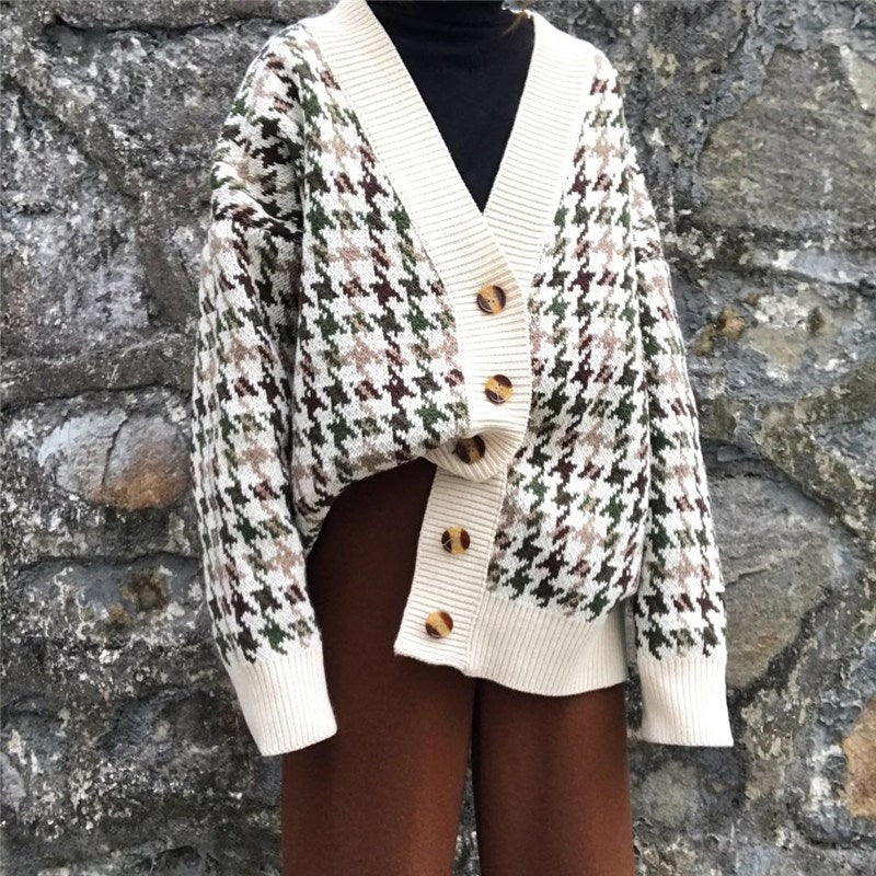 Damen Karierte Strickjacke mit Vintage-Knöpfen R&B