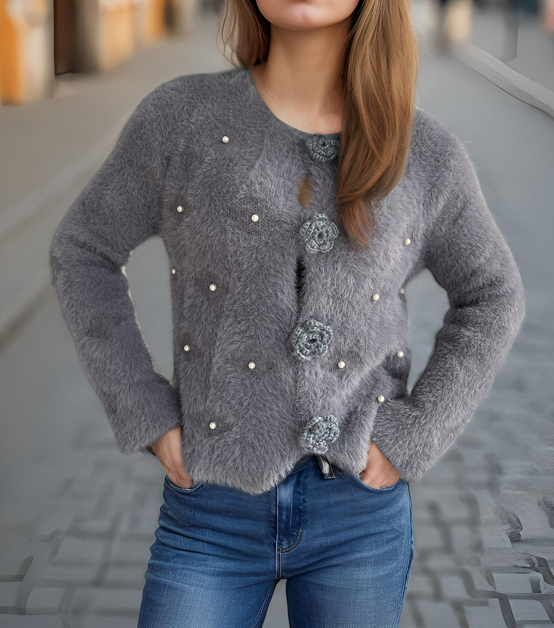 Damen Strickjacke mit floralen Applikationen und perlverzierter Detail R&B