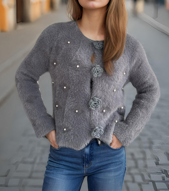 Damen Strickjacke mit floralen Applikationen und perlverzierter Detail R&B