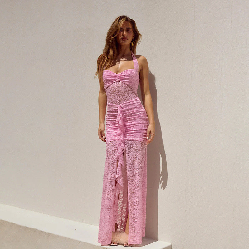 Damen Elegantes und figurbetontes Spitzenkleid mit schicker Raffung und feinen Trägern EB