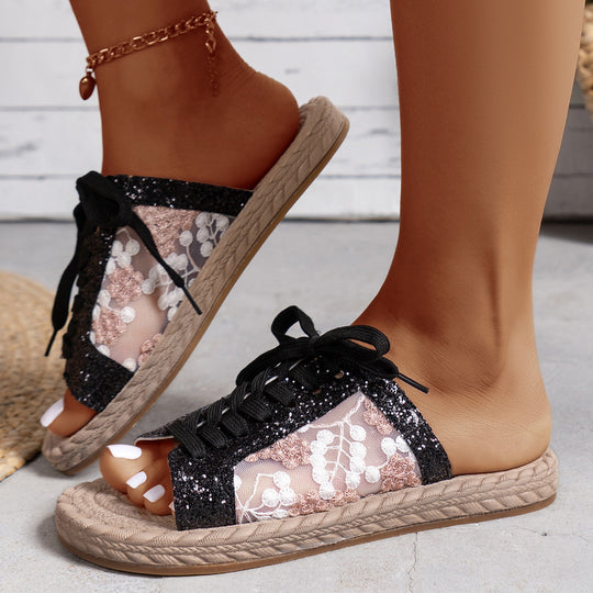Damen Modische Zehentrenner-Pantoletten mit glitzernden Akzenten und floralen Details R&B