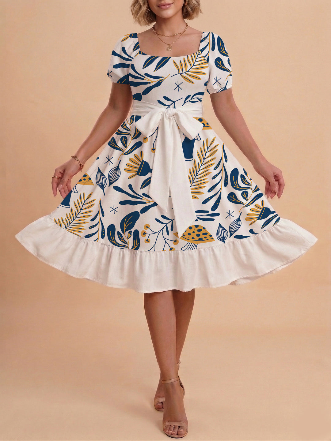 Damen Sommerliches Blumenkleid mit taillierbarem Gürtel und voluminösen Ärmeln R&B