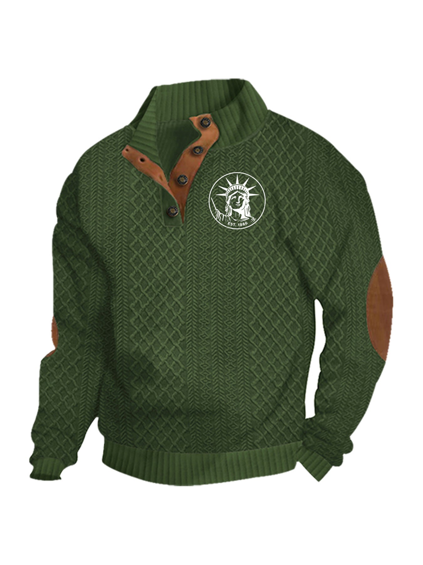Herren nan Heritage-Strukturpullover mit Stehkragen Lederimitat-Besatz Ellenbogen-Patches und Halbknopfleiste R&B