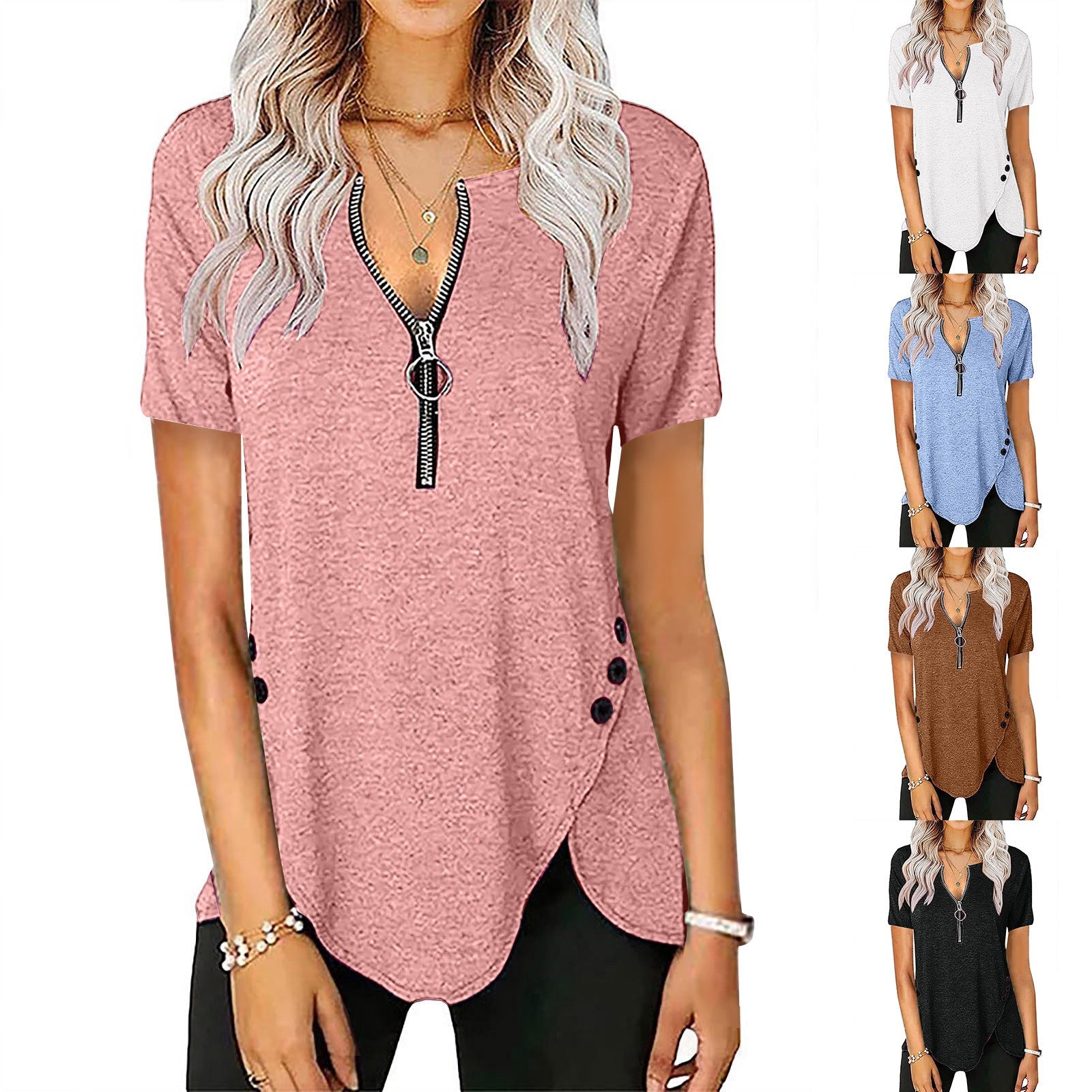 Damen Kurzarmshirt mit asymmetrischem Saum und Reißverschluss R&B