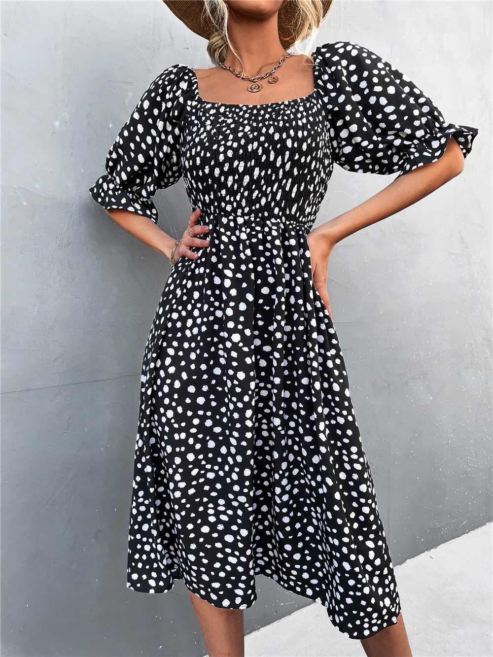 Damen Midikleid mit Puffärmeln und figurbetontem Taillenschnitt R&B