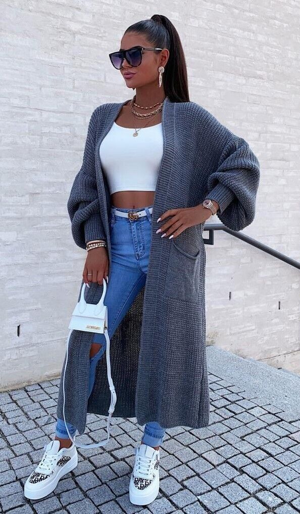 Damen Langstrickjacke mit grober Maschenstruktur und praktischen Taschen R&B