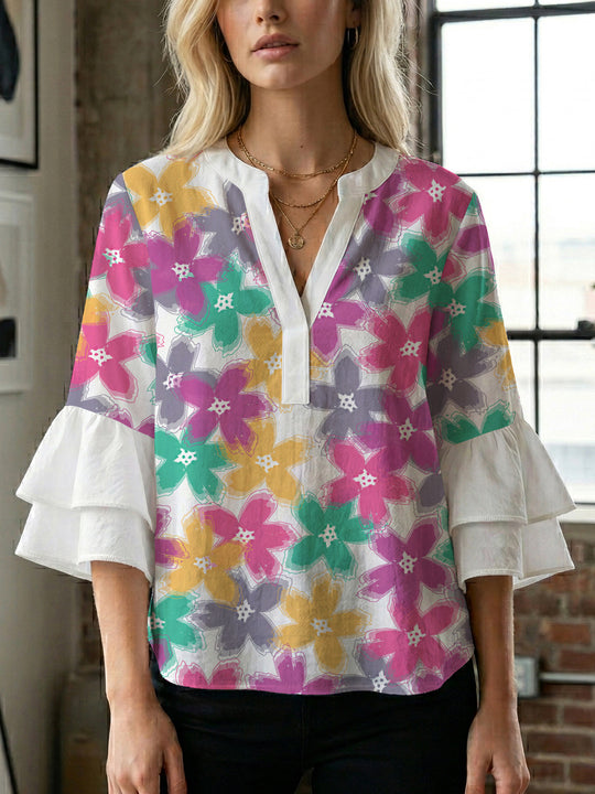 Damen Bluse mit voluminösen Ärmeln und floralem Design R&B