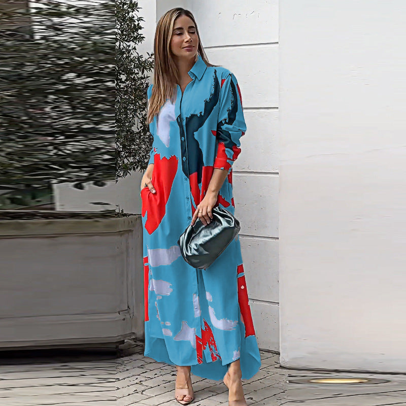 Damen Langarm Hemdkleid im modernen Grafikdesign mit Taschen R&B