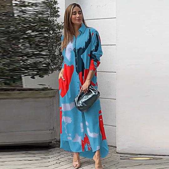 Damen Langarm Hemdkleid im modernen Grafikdesign mit Taschen R&B