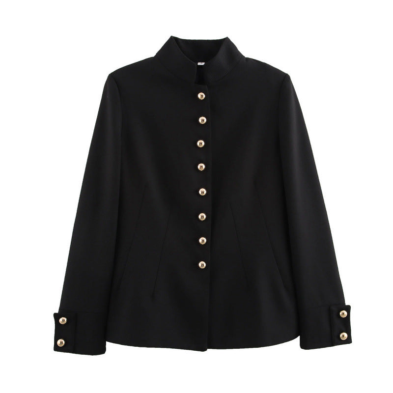 Damen elegante Jacke mit Stehkragen und goldenen Knopfdetails R&B