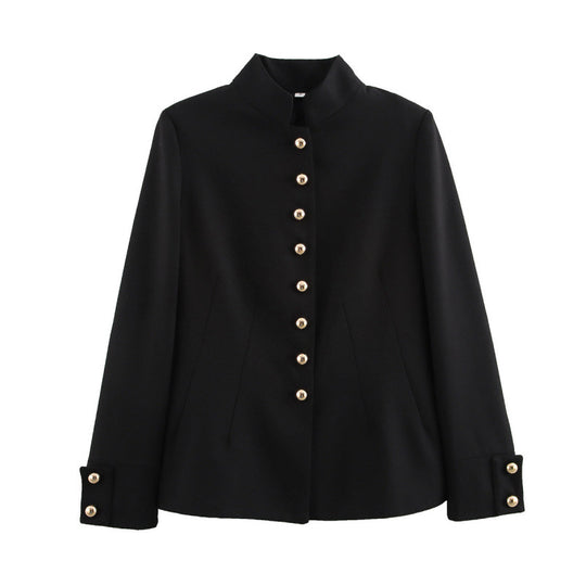 Damen elegante Jacke mit Stehkragen und goldenen Knopfdetails R&B