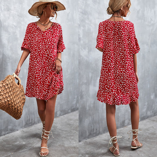 Damen lässiges V-Ausschnitt Sommerkleid mit voluminösen Ärmeln R&B
