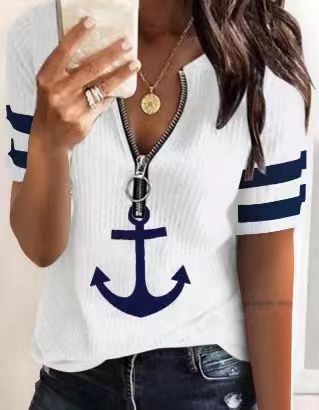 Damen maritim inspirierter Kurzarm Pullover mit Reißverschluss und Anker-Motiv R&B