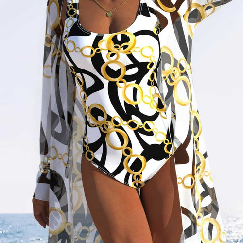 Damen eleganter Einteiler Badeanzug mit transparentem Überwurf und modernem Ringdesign R&B